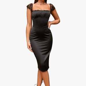 Women's Black Lace Strap Satin Midi Dress